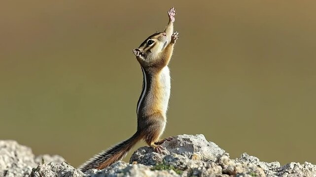 A curious chipmunk stands tall on a rocky perch, reaching gracefully towards the sky