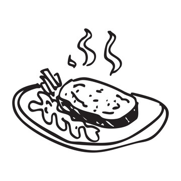 Hand drawn line drawing of grilled steak on a plate, served with vegetables. Black and white vector style.