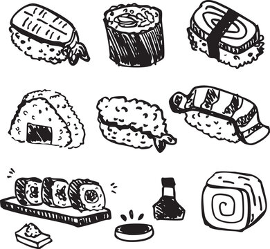 Set of hand drawn Japanese sushi food illustrations. Black and white vector style for illustration or decorative elements.