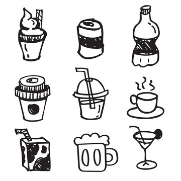 Collection of various beverage illustrations, hand drawn, black and white line art style vector, for use as illustration.