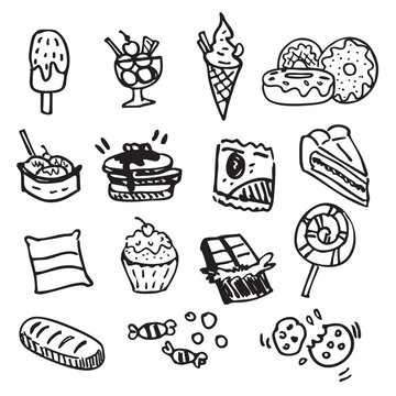 Hand drawn sweets and snacks. Black and white vector illustration for use as illustration.