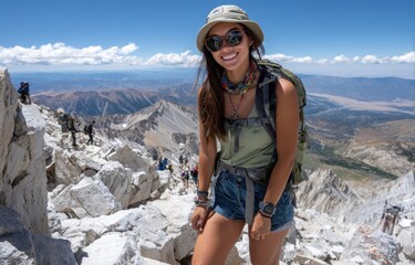 A woman in green and blue hiking gear smiles at the camera while standing on top of an alpine mountain, with white rocks behind her