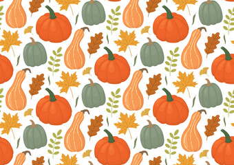 Seamless pattern with pumpkins and autumn leaves. Seasonal  fall bright background