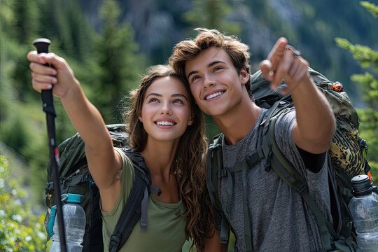 A young, smiling couple on a hiking trip, pointing and looking at the mountain landscape in nature