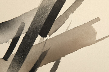 Watercolor, ink wash abstract background. Minimalist geometric shapes, lines, and stripes in a neutral, monochromatic palette. Calm, elegant, and modern aesthetic.