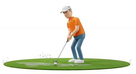Cartoon golfer about to hit golf ball on wet course