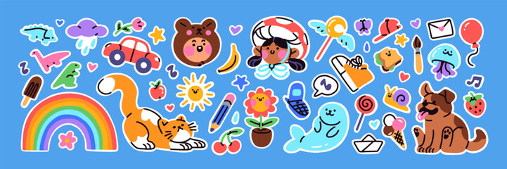 Set of cute doodle kids stickers. Baby emojis with rainbow, sun, funny animals, happy faces, flowers, signs of heart, music, and stars. Different children icons. Flat isolated vector illustrations