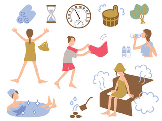 サウナ関連グッズと女性イラストセット