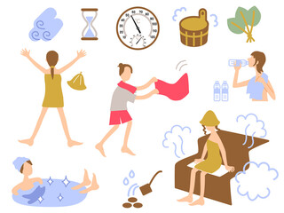 サウナ関連グッズと女性イラストセット