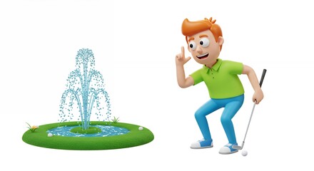 Cartoon man golfing near fountain