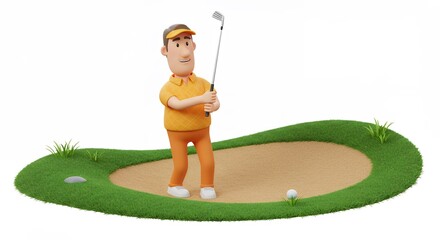 Cartoon man playing golf on miniature golf course