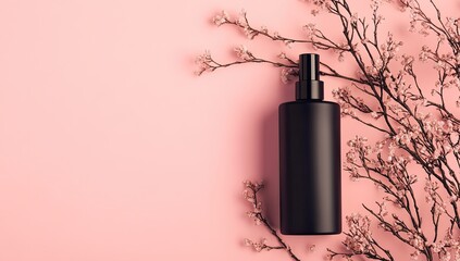Flat lay of a black spray bottle surrounded by delicate pink blossoms on a pastel pink background