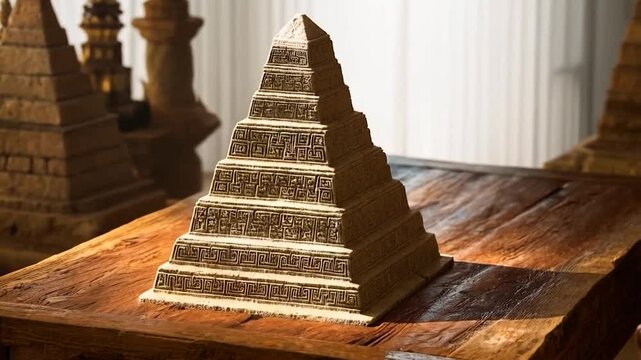 Small, stepped pyramid ornament on a wooden table