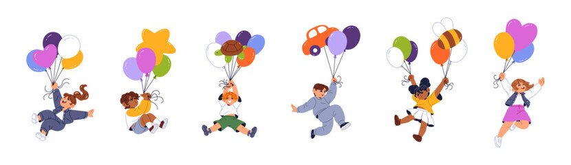 Set of happy kids with balloons. Cute children fly up with ballons in dreams. Little boys and girls are flying with inflatable shapes in the air. Flat isolated vector illustrations on white background