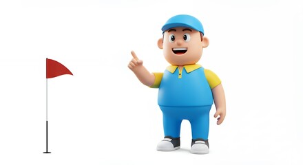Smiling cartoon character points to golf flag