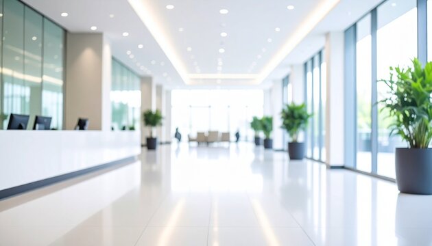 Cool Blurred hotel or office building lobby blur background interior view toward reception hall modern luxury white room space with blurry corridor and building glass wall window 