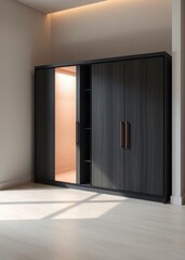 Modern wardrobe with black oak and brushed copper doors Empty room interior design architecture blank design room
