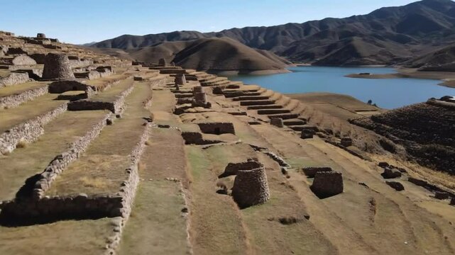 An aerial view captures the ancient chullpas of sillustani in peru, overlooking lake umayo and the andean landscape, showcasing the precolumbian archaeological site