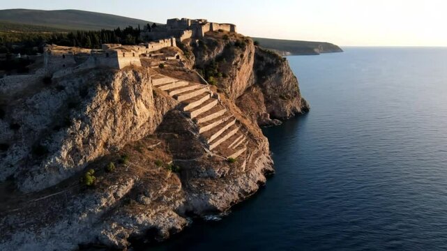 An aerial view of acrocorinth in greece reveals the ancient fortress ruins perched atop a cliff overlooking the sea, showcasing its historical significance and architectural heritage
