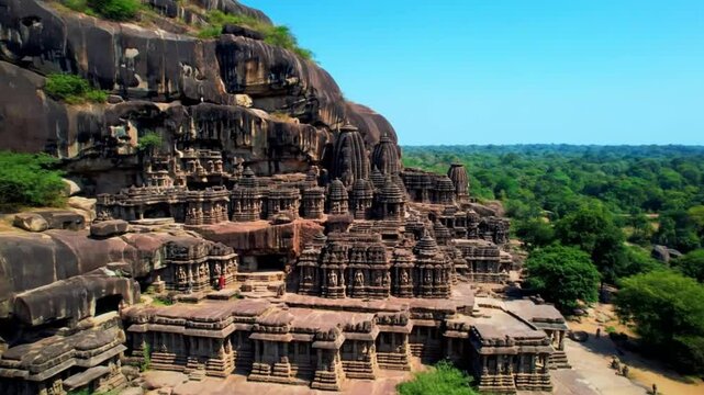 An aerial perspective showcases the ancient jain temple complex of gopachala parvat, carved into a rocky hillside near gwalior, india