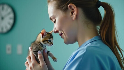 Cute small kitten at the vet. Close up. 