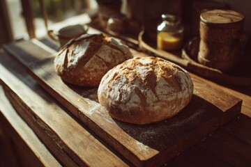 artisan bread on wooden cutting board, warm tones, soft natural shadows, rustic aesthetic