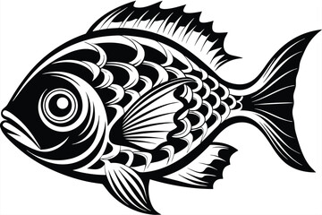 An intricately designed monochrome fish exhibits detailed scale patterns and fins with flowing lines