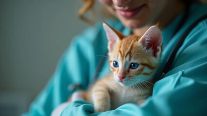 Cute small kitten at the vet. Close up. 