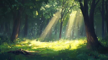 Beautiful morning in the forest with sunbeams shining through the trees