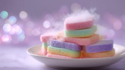 Soft pastel colored sponges stacked on a white plate with glittering dust