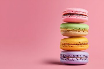 stacked colorful macarons on pastel background, clean composition, high contrast