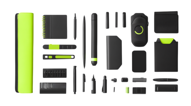 • A sleek flat-lay of smart reusable office tools, isolated on white background in HD 