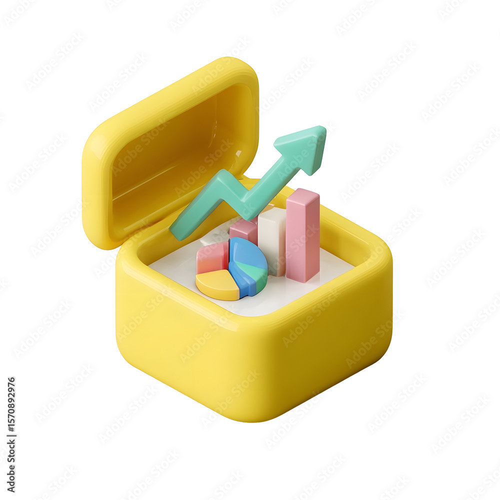 Aufkleber Opened yellow 3D box containing various business data visualization elements such as bar chart pie chart and upward arrow representing growth and analytics