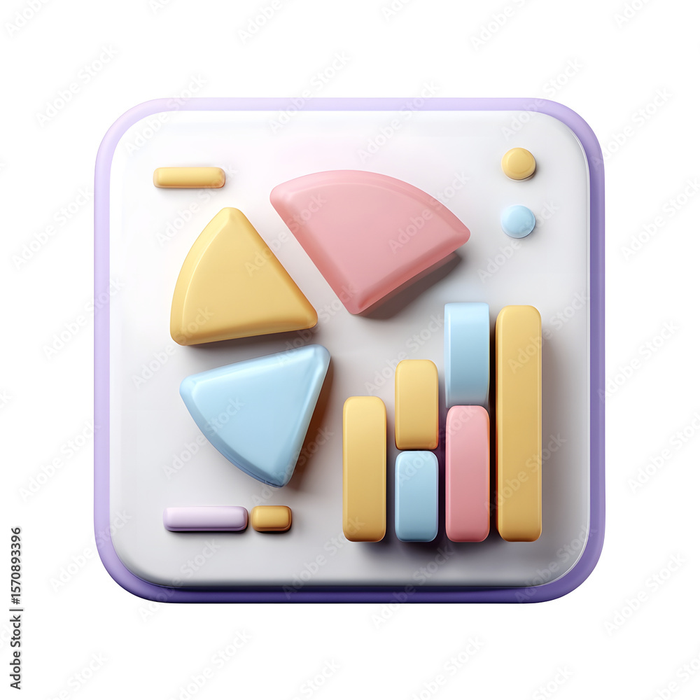 Aufkleber Stylized 3D icon of an analytics dashboard featuring a pie chart bar graph and other geometric shapes in a pastel color palette with a smooth