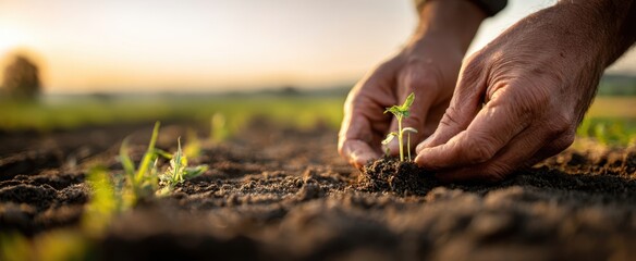 The hands nurturing a seedling in rich soil at sunset.