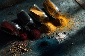 spilled spices on kitchen counter, top-down, moody light, bold colors