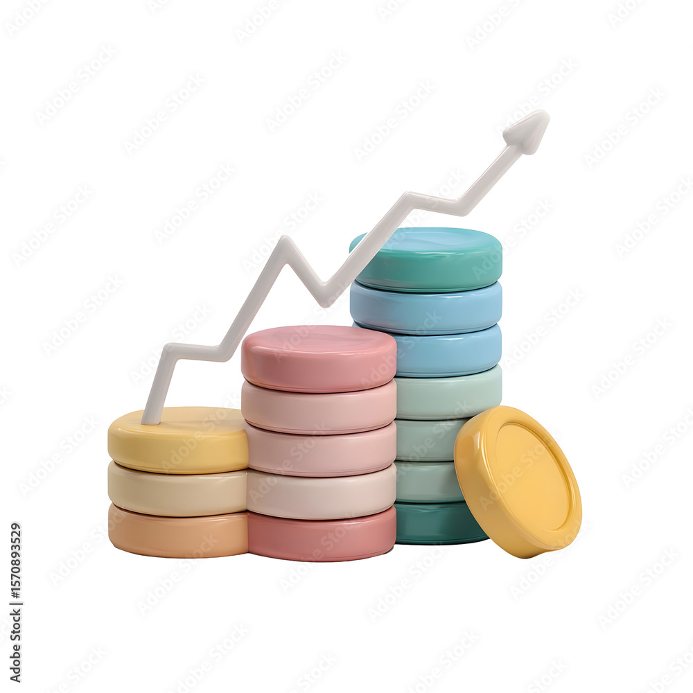 Poster Pastel colored stacked coins forming a graph with an upward trend line representing financial growth and progress