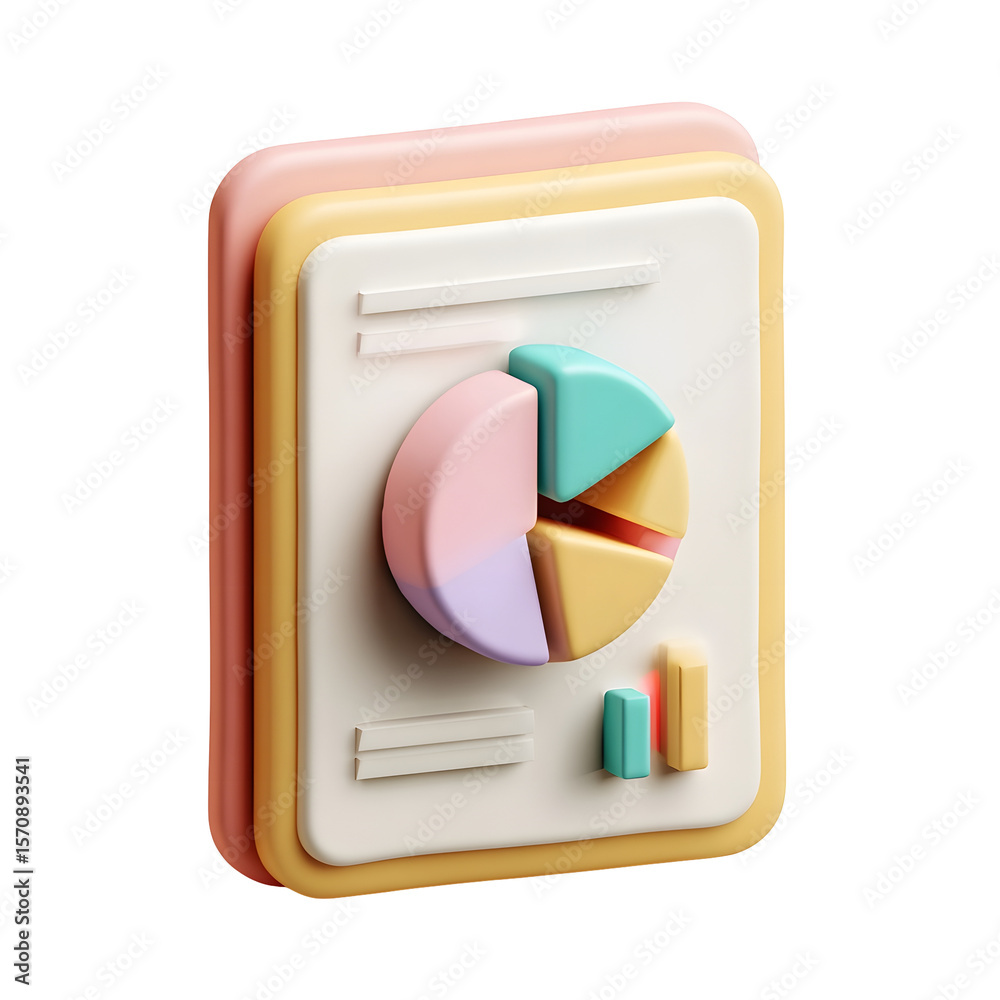 Aufkleber Colorful 3D icons representing a pie chart and bar chart on a simple document style background with a pastel color palette and a smooth minimal design