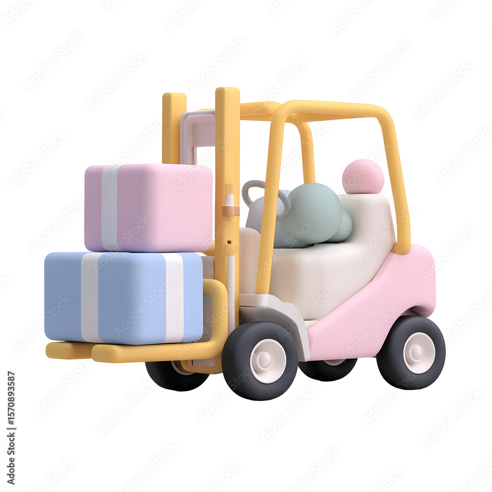 Aufkleber A whimsical 3D rendered image of a forklift carrying a stack of pastel colored geometric blocks or cubes with a soft smooth clay like texture and minimal stylized design