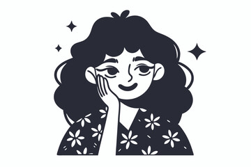 Dark haired woman in floral kimono touches her cheek amid twinkling stars