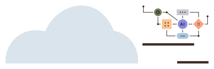 Cloud shape merges with AI-focused processing diagram of interconnected nodes, tools, and parallel lines. Ideal for technology, AI, cloud computing, networks, innovation, automation modern data