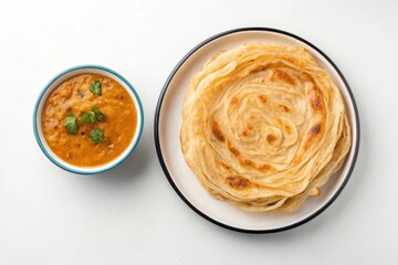 Roti Canai on Enamel Plate with Dhal Curry in Metal Bowl Flat Lay Arrangement