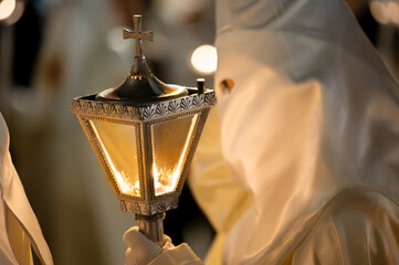 Unrecognizable Nazarenes during Spanish holly week celebration. High quality photo