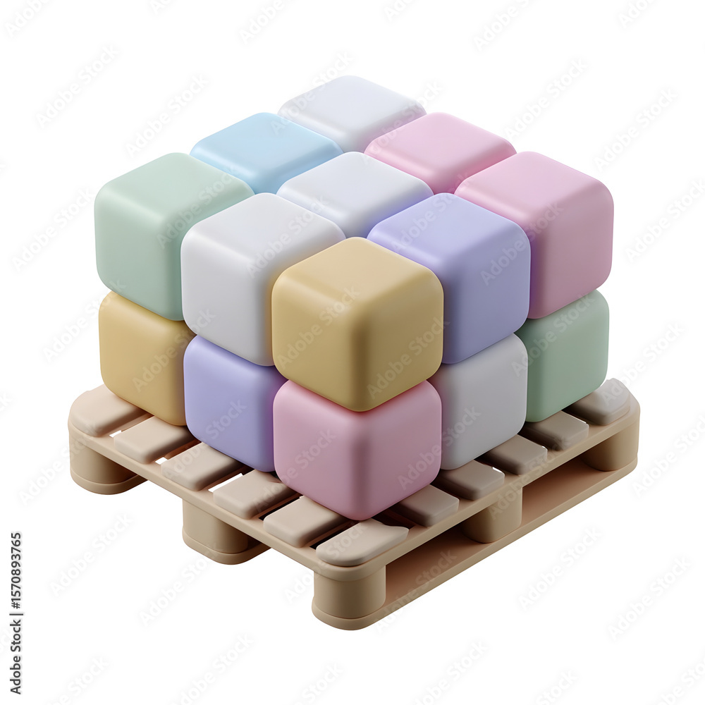 Aufkleber A minimal modern composition of pastel colored cubes arranged neatly on a wooden pallet platform creating a simple and elegant display