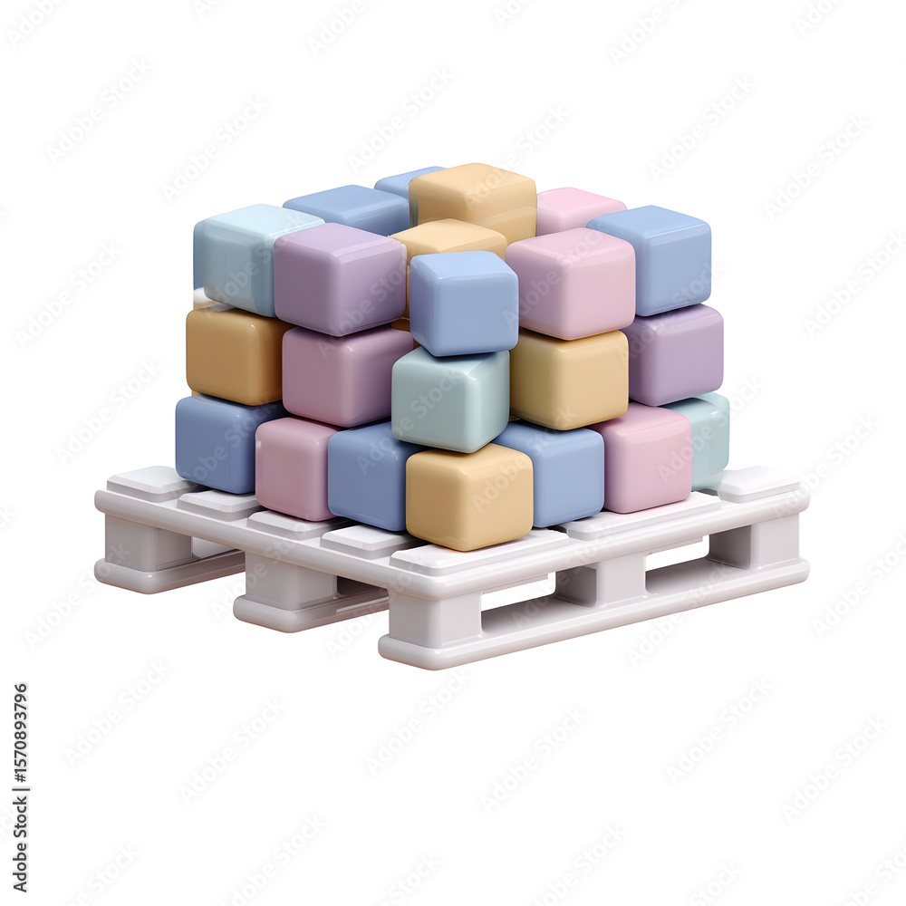 Aufkleber A 3D rendering of a pallet loaded with a stack of soft pastel colored geometric cubes presented in a clean minimalist design