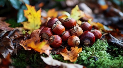 Hazelnuts nestled amongst autumn leaves and moss.