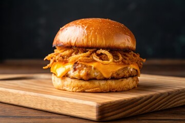 Delicious Burger with Melted Cheese and Crispy Onions on a Wooden Cutting Board