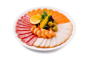 Gourmet seafood platter featuring a variety of fresh seafood and garnishes