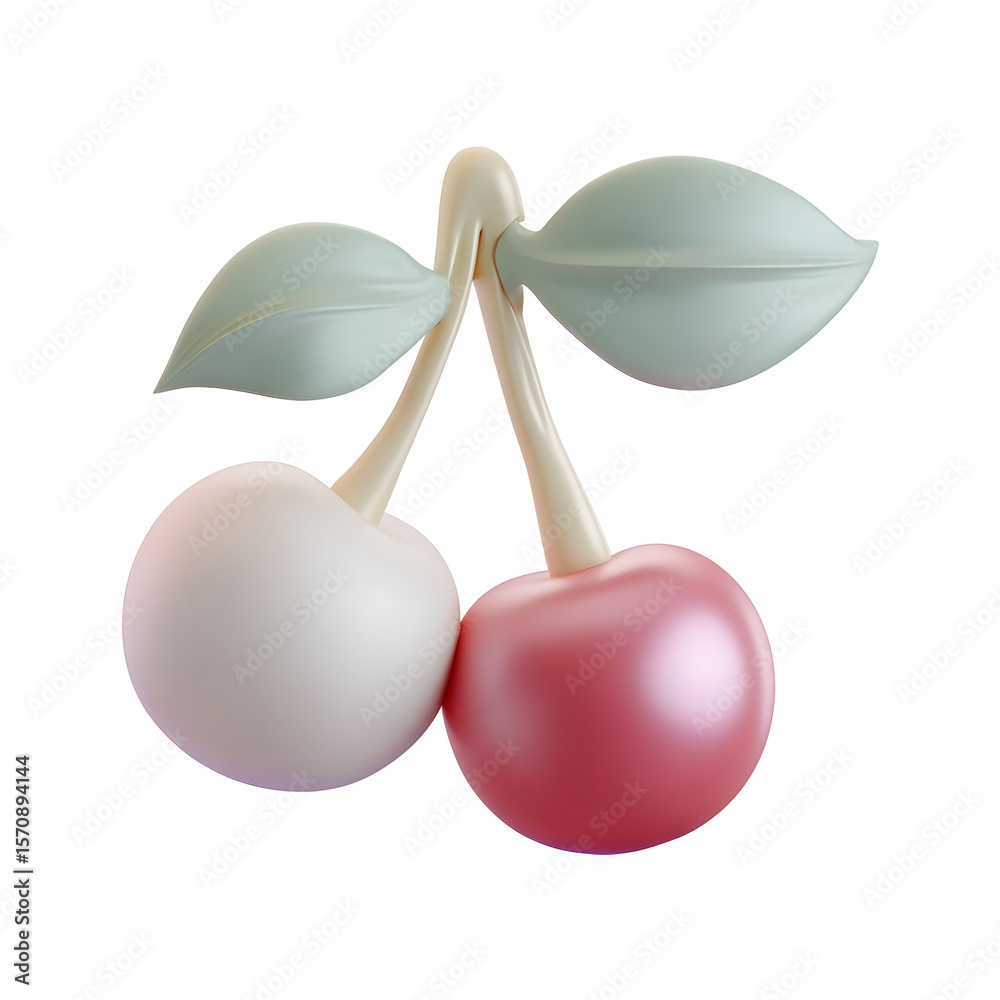 Aufkleber Two pastel colored cherries with stems and leaves rendered in a soft smooth and minimalist clay style design on a clean white background