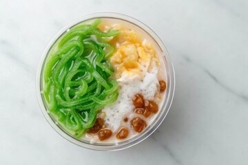 Delicious Dessert in Clear Glass Bowl with Gula Melaka and Coconut Milk Overhead Shot